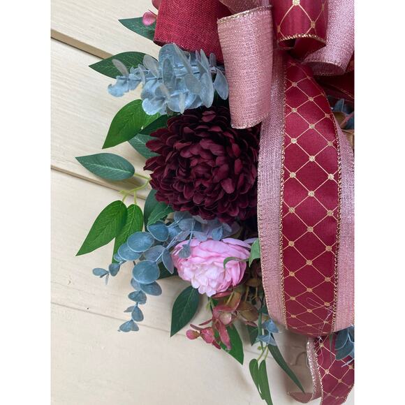 Pink Velvet Pumpkin Wreath, Burgundy & Blush Grapevine, Elegant Fall Front Door - Picture 6 of 7